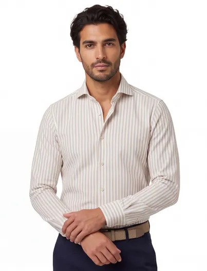 Profuomo Profuomo overhemd gestreept beige strijkvrij