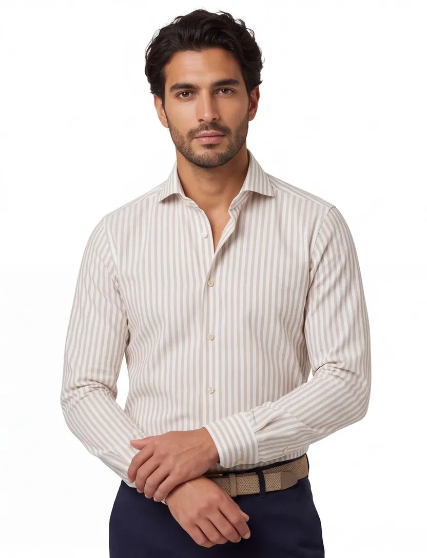 Profuomo overhemd gestreept beige strijkvrij