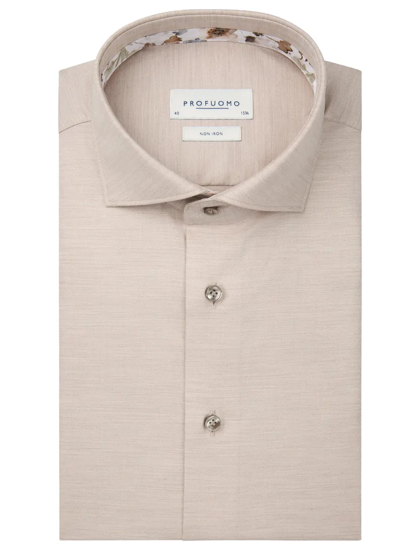 Profuomo overhemd beige strijkvrij wide collar