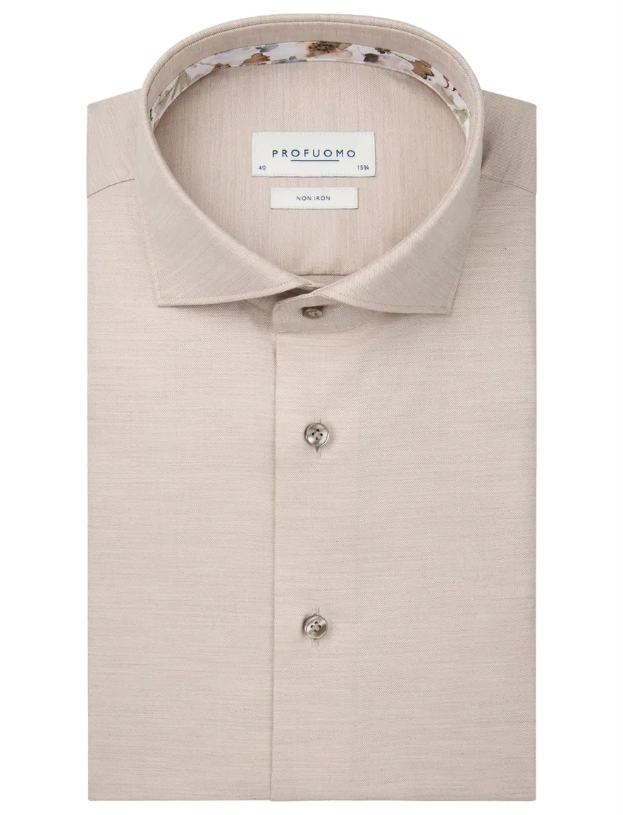 Profuomo overhemd beige strijkvrij wide collar