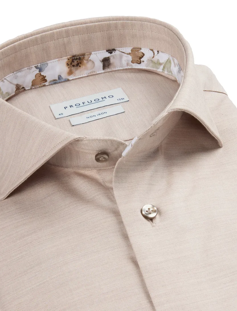 Profuomo overhemd beige strijkvrij wide collar