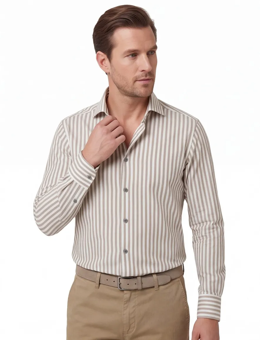 Michaelis overhemden groen wit gestreept slim fit katoen