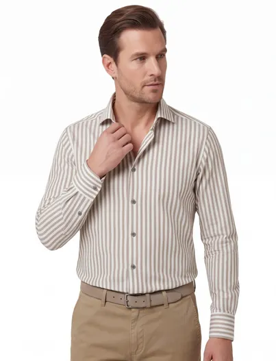 Michaelis Michaelis overhemden groen wit gestreept slim fit strijkvrij