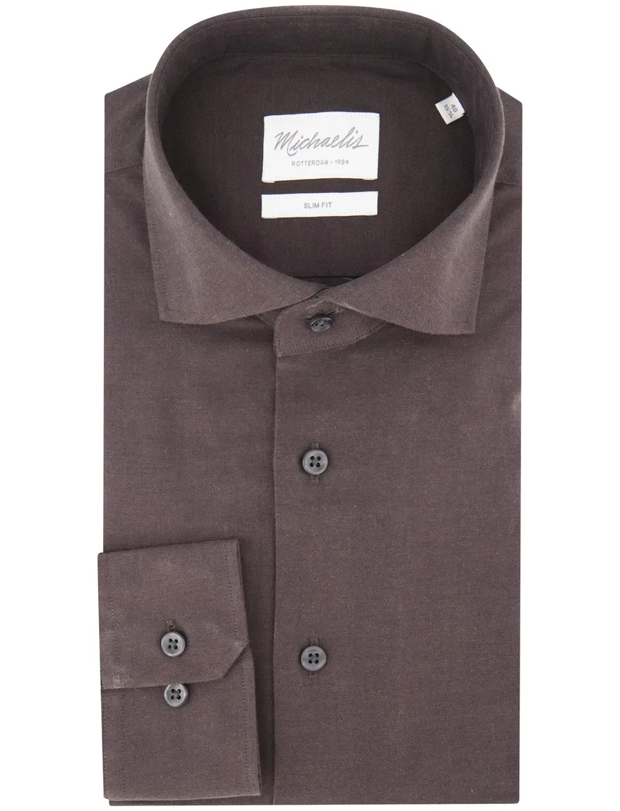 Michaelis overhemd bruin effen slim fit katoen