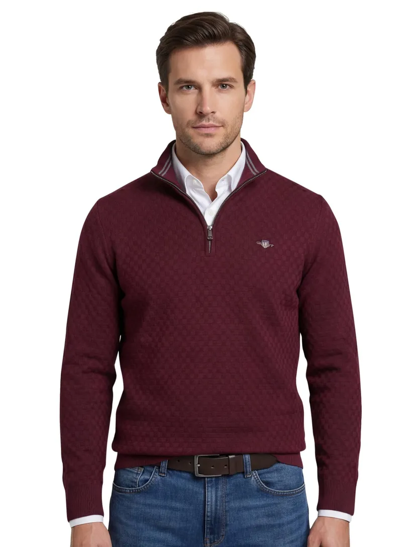 half zip trui Gant bordeaux effen normale fit katoen