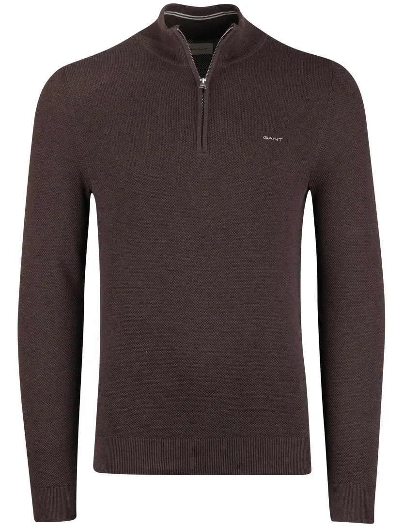 Gant trui bruin effen half zip katoen normale fit