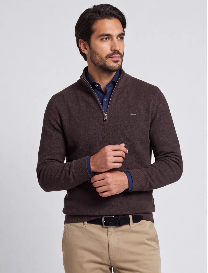 Gant trui half zip bruin effen katoen normale fit