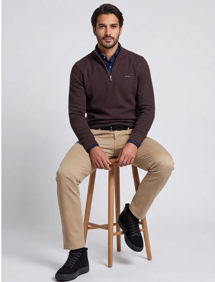 Gant trui bruin effen half zip katoen normale fit