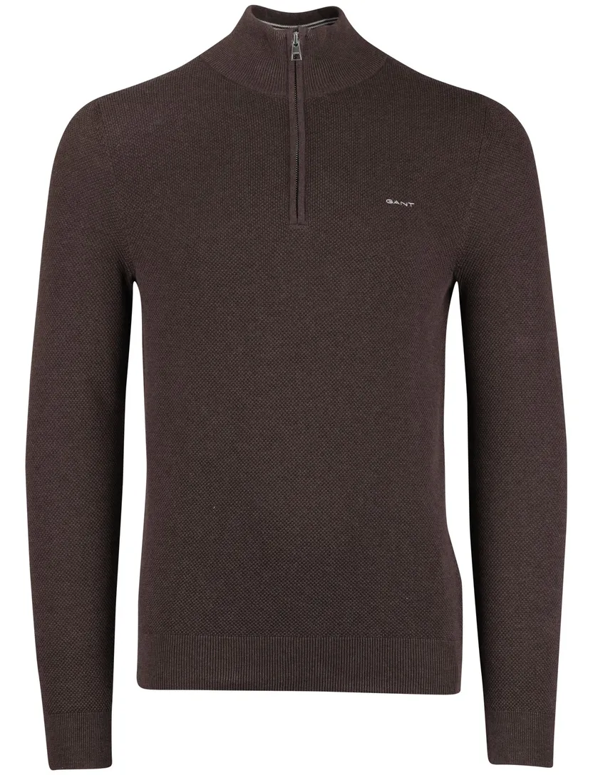 Gant trui bruin effen half zip katoen normale fit