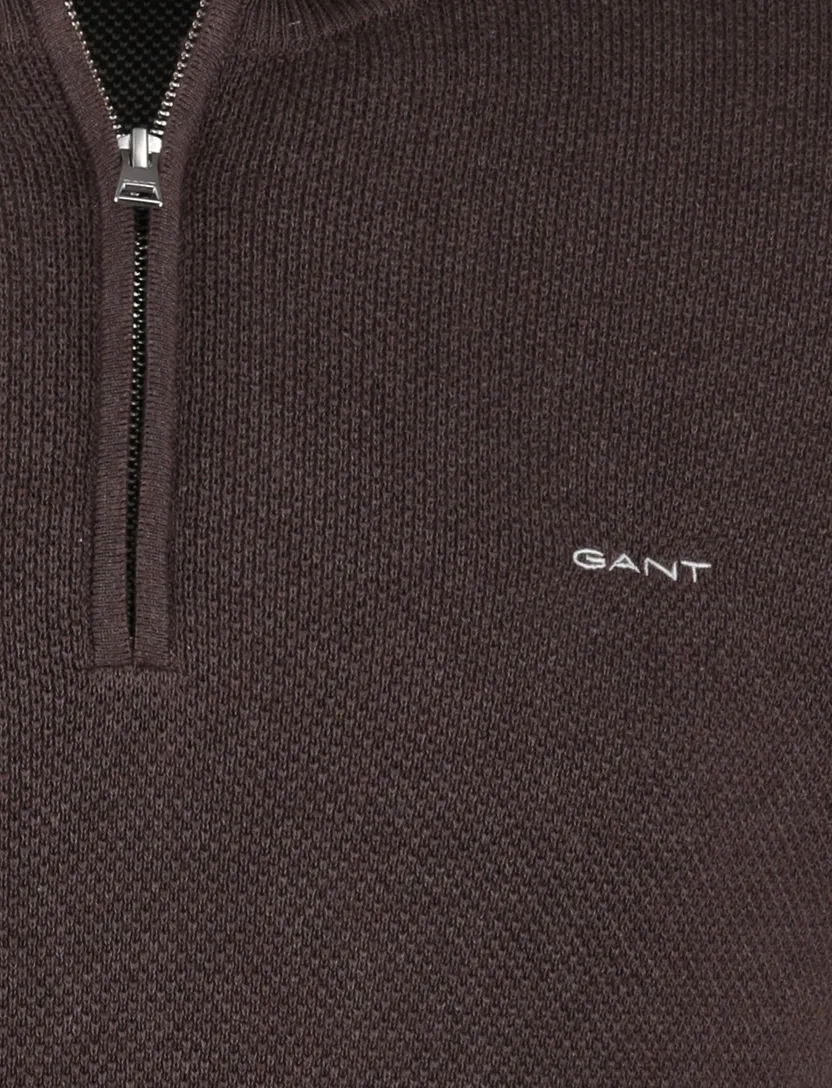 Gant trui bruin effen half zip katoen normale fit