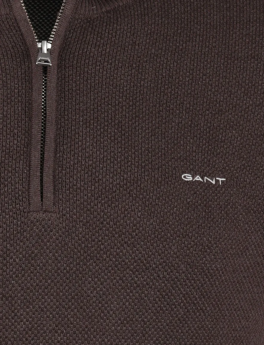 Gant trui half zip bruin effen katoen normale fit