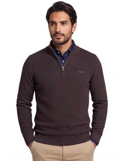 Gant Gant trui bruin effen half zip katoen normale fit