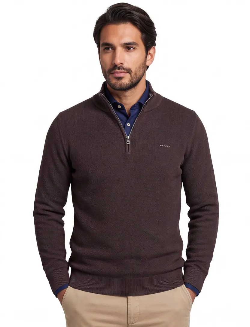 Gant trui bruin effen half zip katoen normale fit