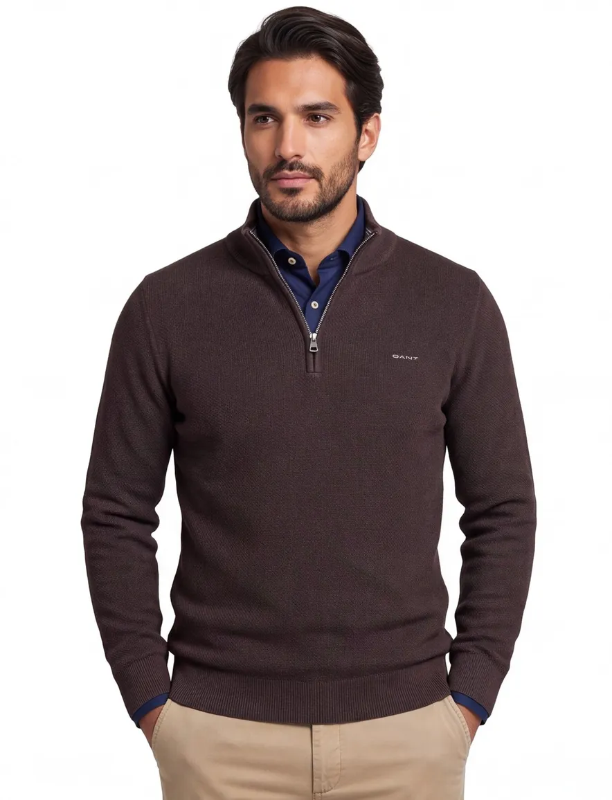 Gant trui half zip bruin effen katoen normale fit