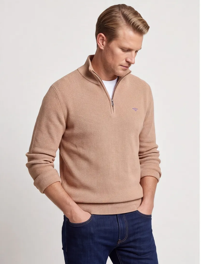 Gant trui beige katoen effen normale fit half zip