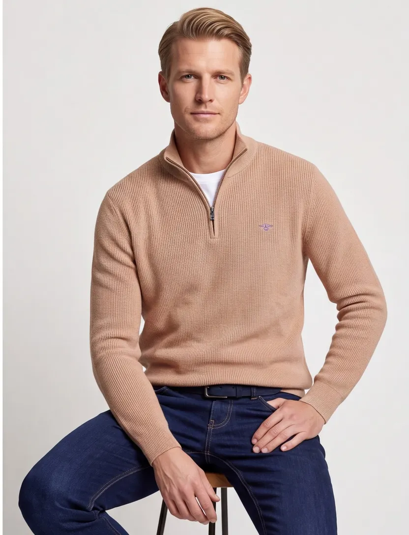 Gant trui beige katoen effen normale fit half zip