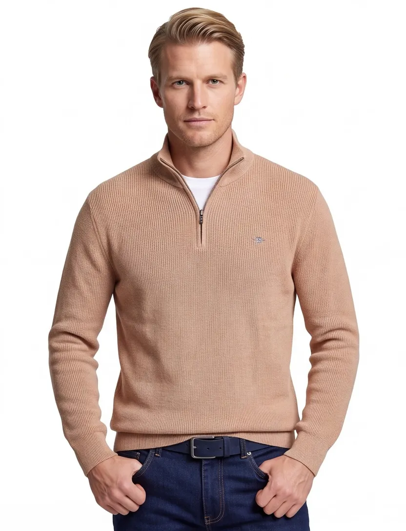 Gant trui beige katoen effen normale fit half zip