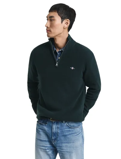 Gant Gant trui groen effen normale fit katoen half zip