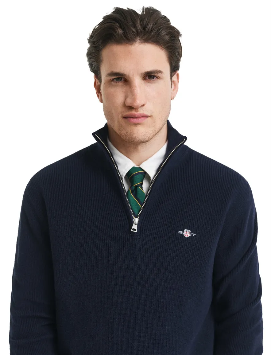 Gant trui donkerblauw effen gebreid normale fit half zip