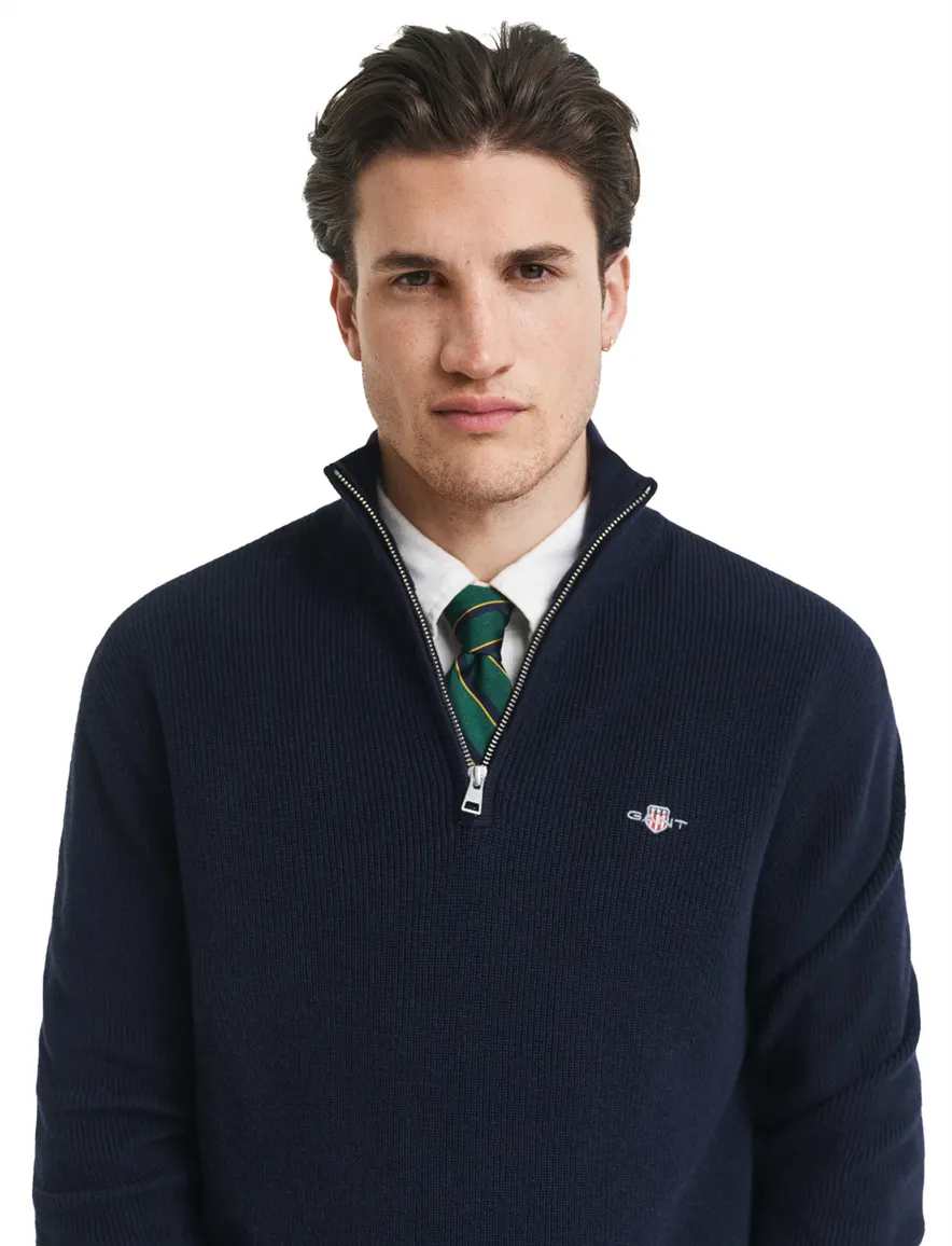Gant trui donkerblauw effen gebreid normale fit half zip