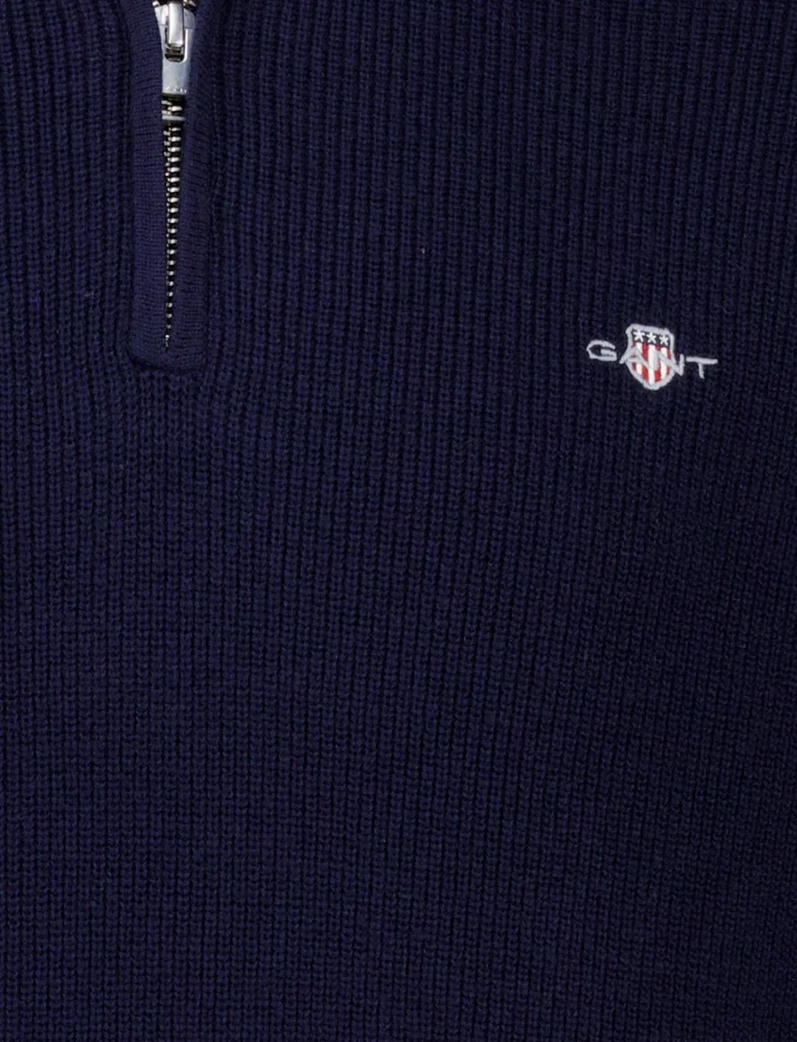 Gant trui donkerblauw effen gebreid normale fit half zip