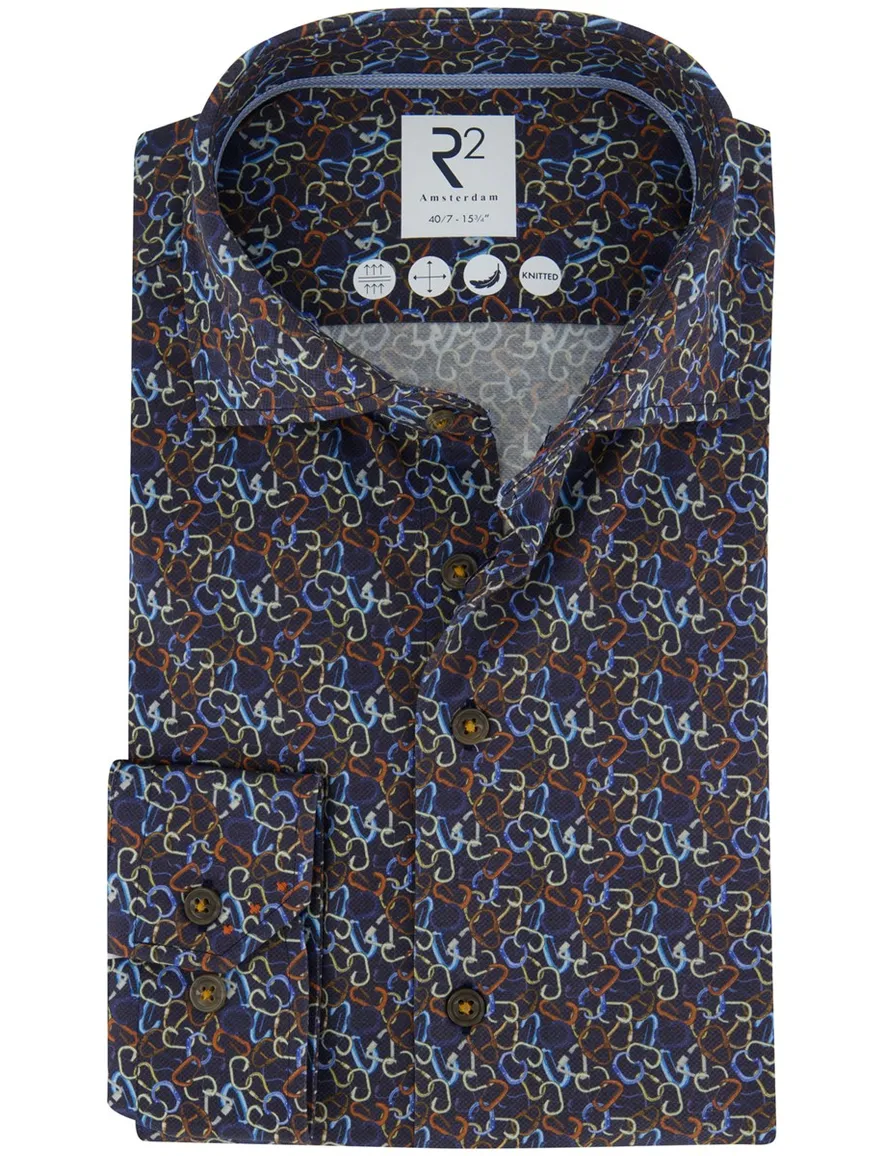 R2 Amsterdam Overhemd donkerblauw geprint katoen knitted