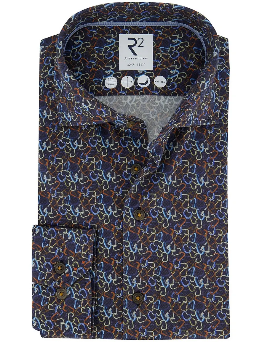 R2 overhemd knitted katoen blauw mouwlengte 7