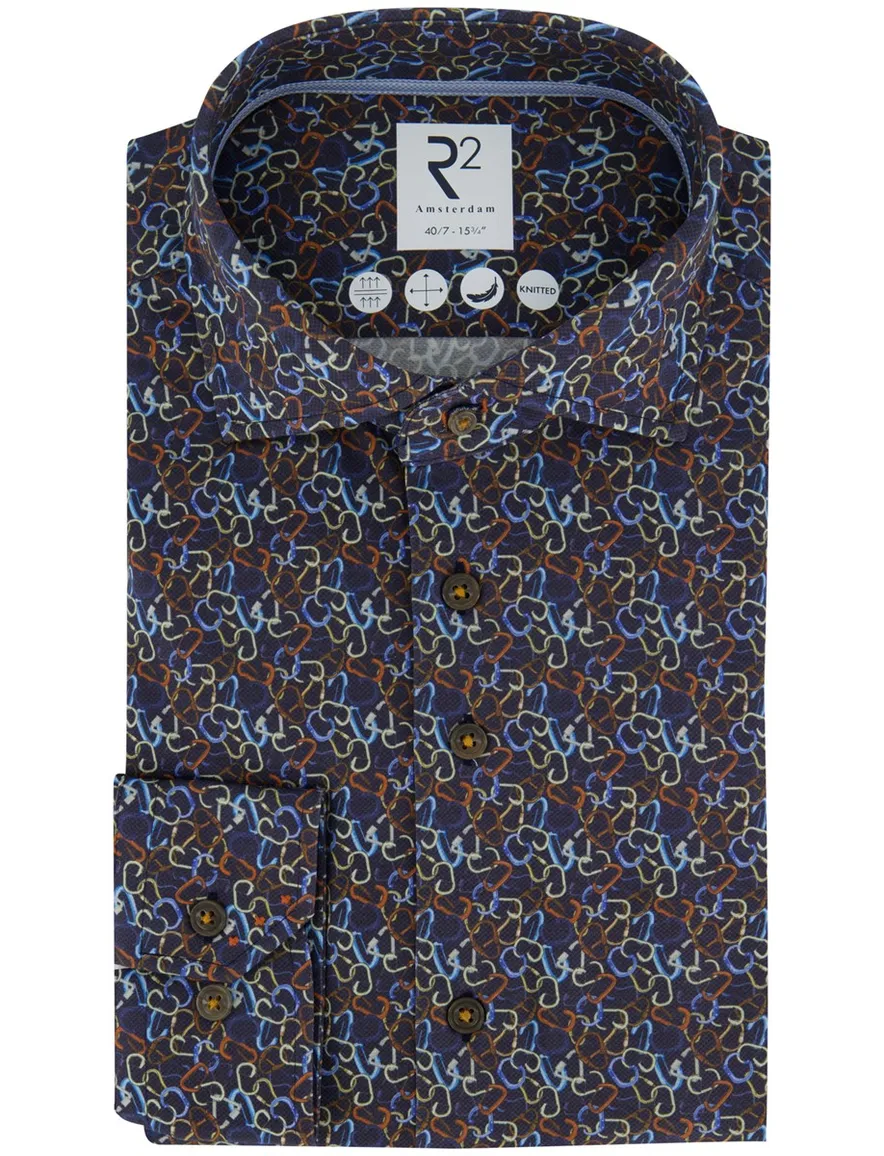 R2 Amsterdam Overhemd donkerblauw geprint katoen knitted