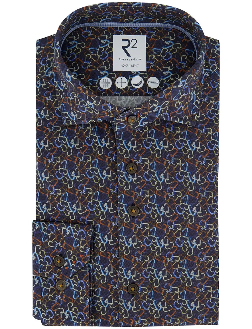 R2 overhemd knitted katoen blauw mouwlengte 7