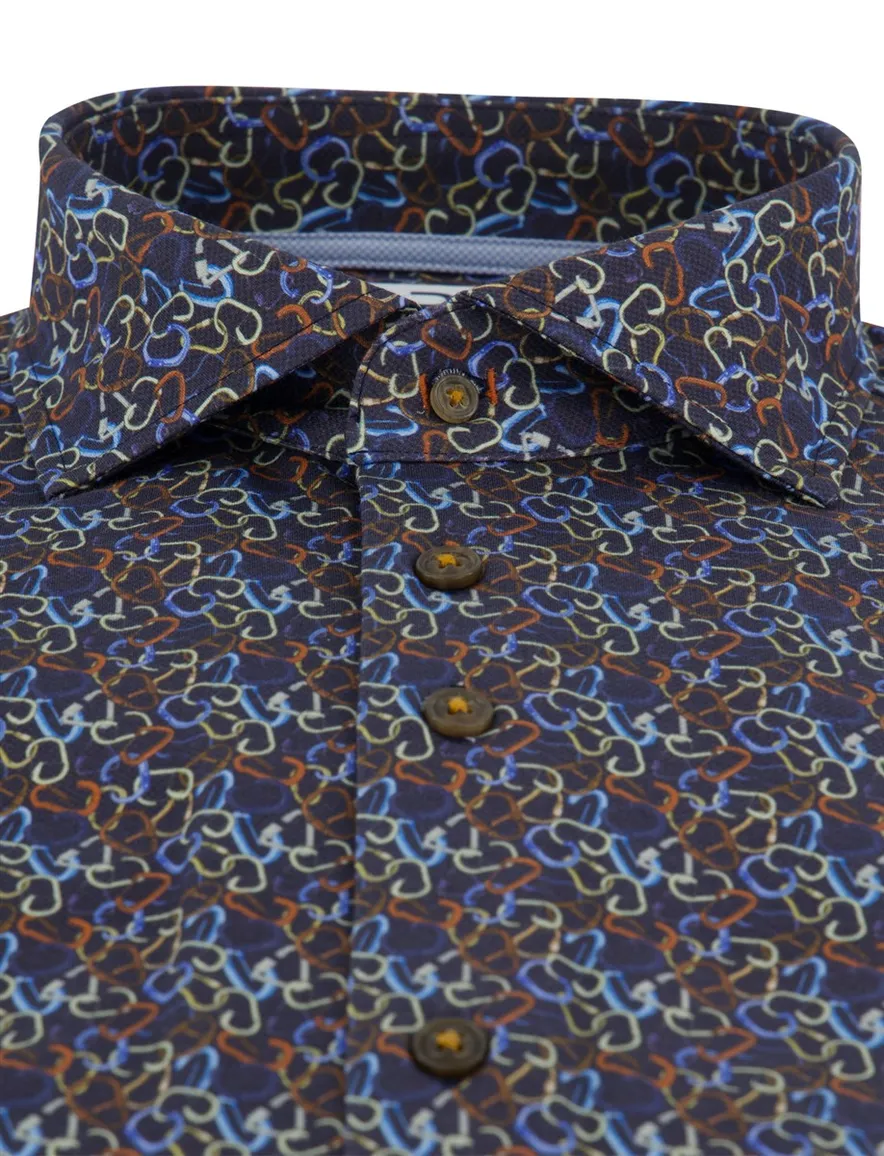R2 Amsterdam Overhemd donkerblauw geprint knitted katoen