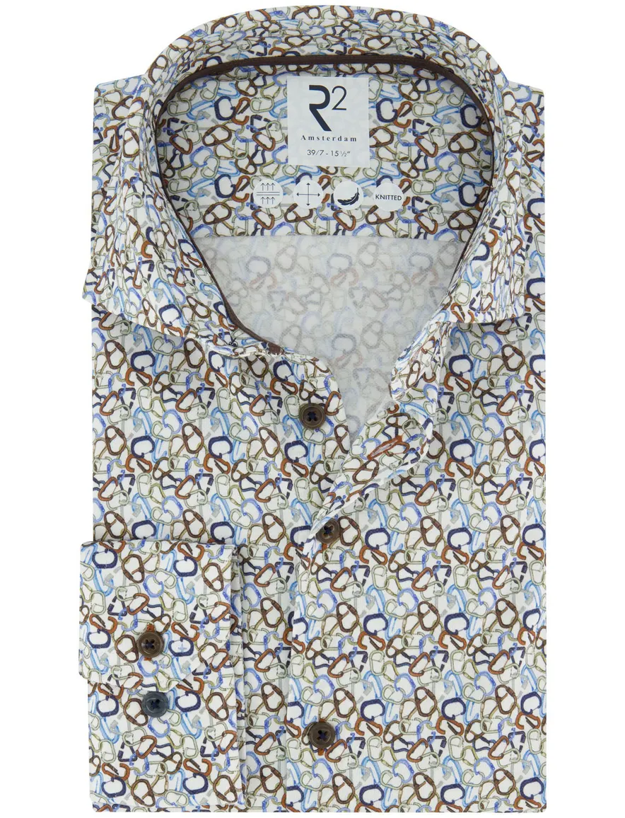 R2 Overhemd mouwlengte 7 wit bruin blauw geprint