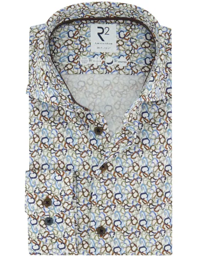 R2 R2 Overhemd mouwlengte 7 wit bruin lichtblauw geprint wide collar