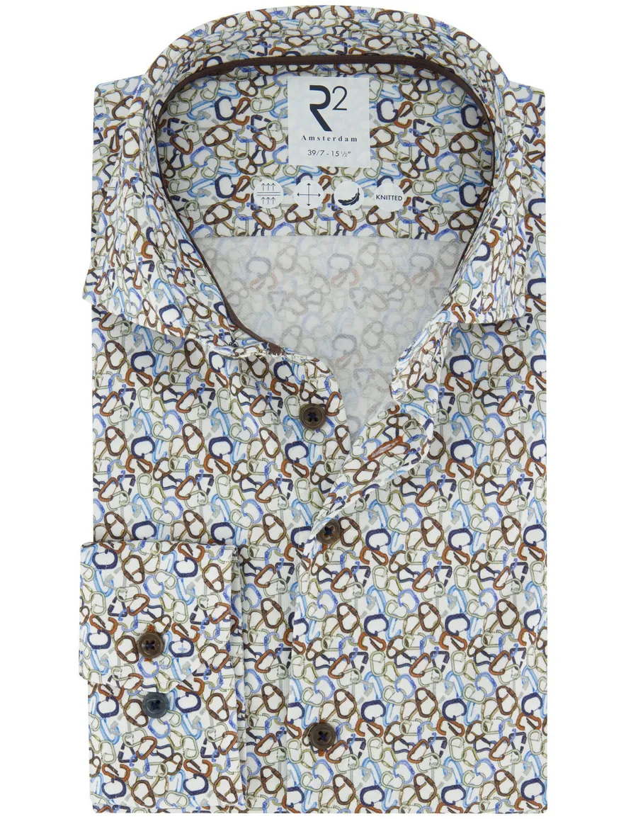 R2 Overhemd mouwlengte 7 wit bruin lichtblauw geprint wide collar