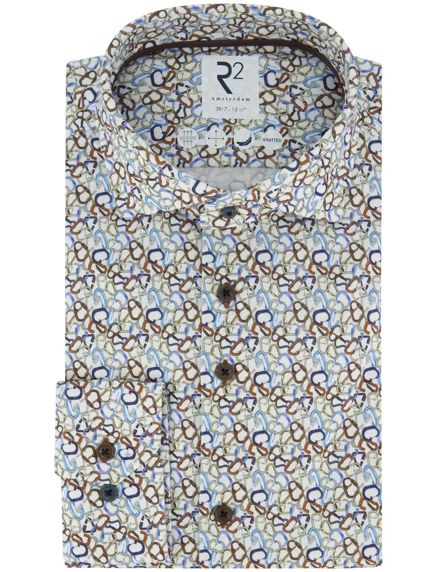 R2 Overhemd mouwlengte 7 wit bruin lichtblauw geprint wide collar