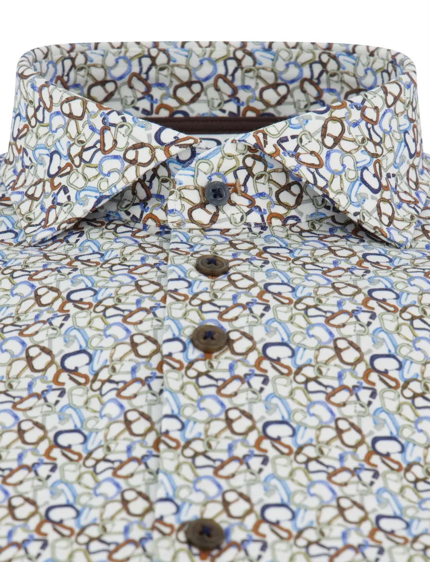 R2 Overhemd mouwlengte 7 wit bruin lichtblauw geprint wide collar