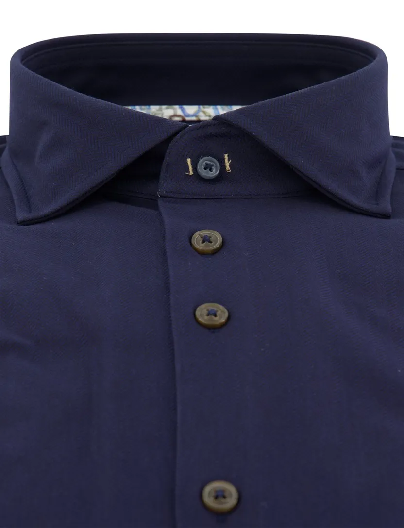 Overhemd R2 Amsterdam Donkerblauw effen katoen knitted