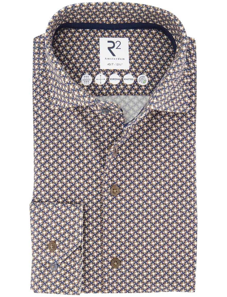 R2 sorona knitted overhemd beige geprint