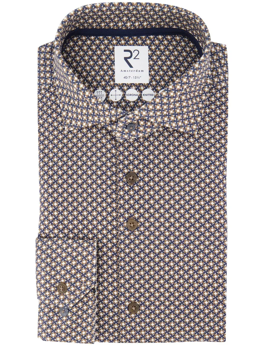 R2 sorona knitted overhemd beige geprint
