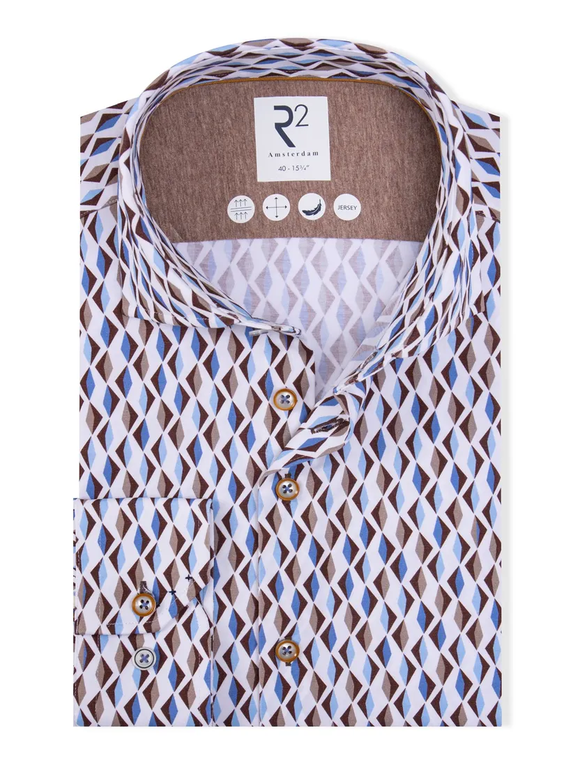 R2 overhemd beige patroon jersey ml7