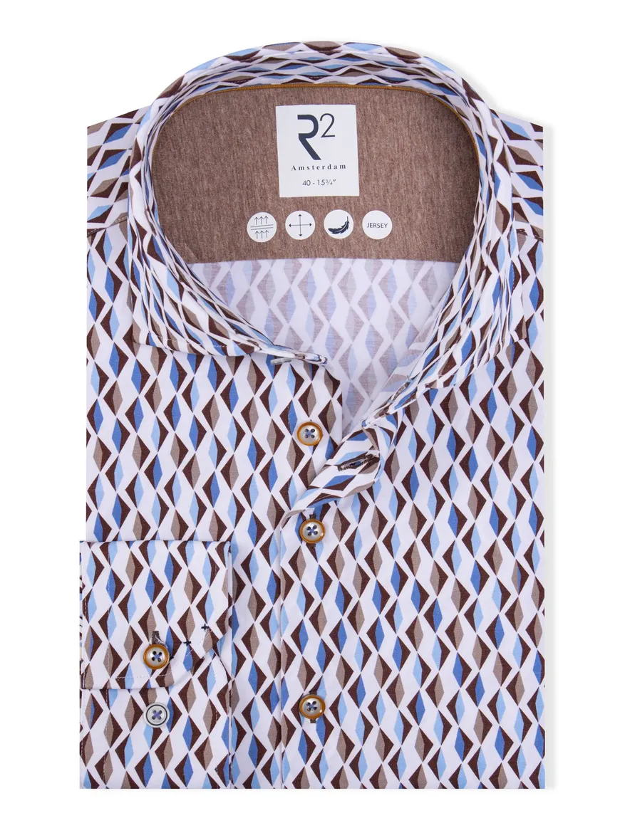 R2 overhemd beige patroon jersey ml7