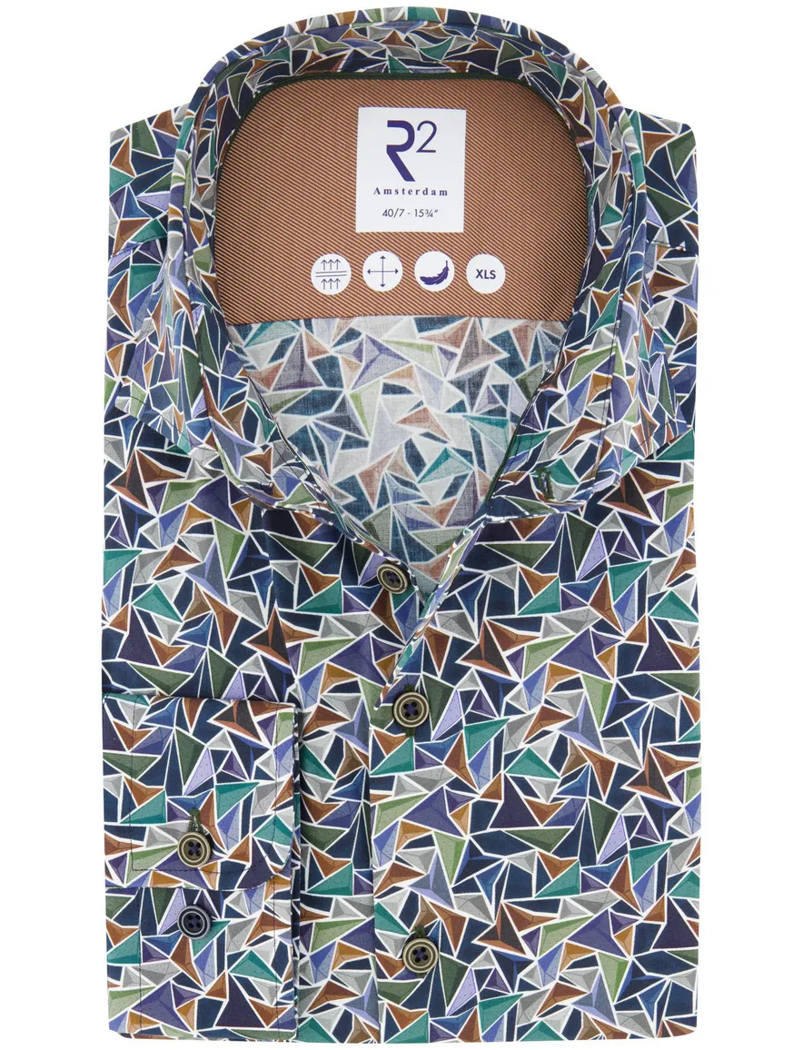 R2 overhemd print katoen blauw mouwlengte 7 semi-wide spread