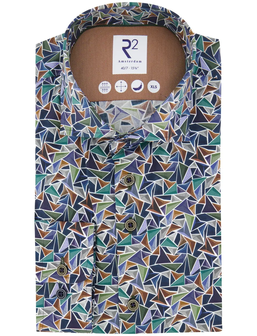 R2 overhemd print katoen blauw mouwlengte 7 semi-wide spread