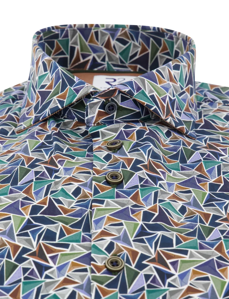 R2 overhemd print katoen blauw mouwlengte 7 semi-wide spread