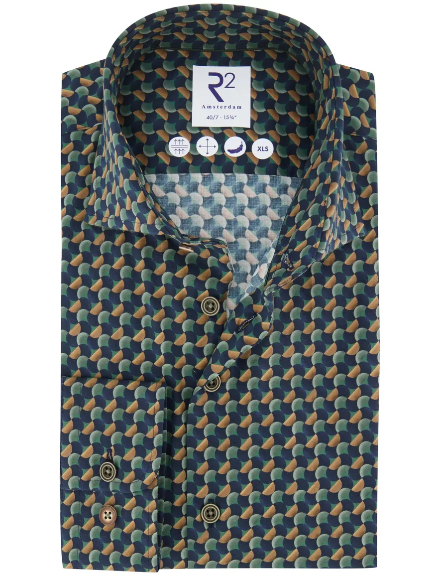 R2 overhemd print katoen donkerblauw mouwlengte 7