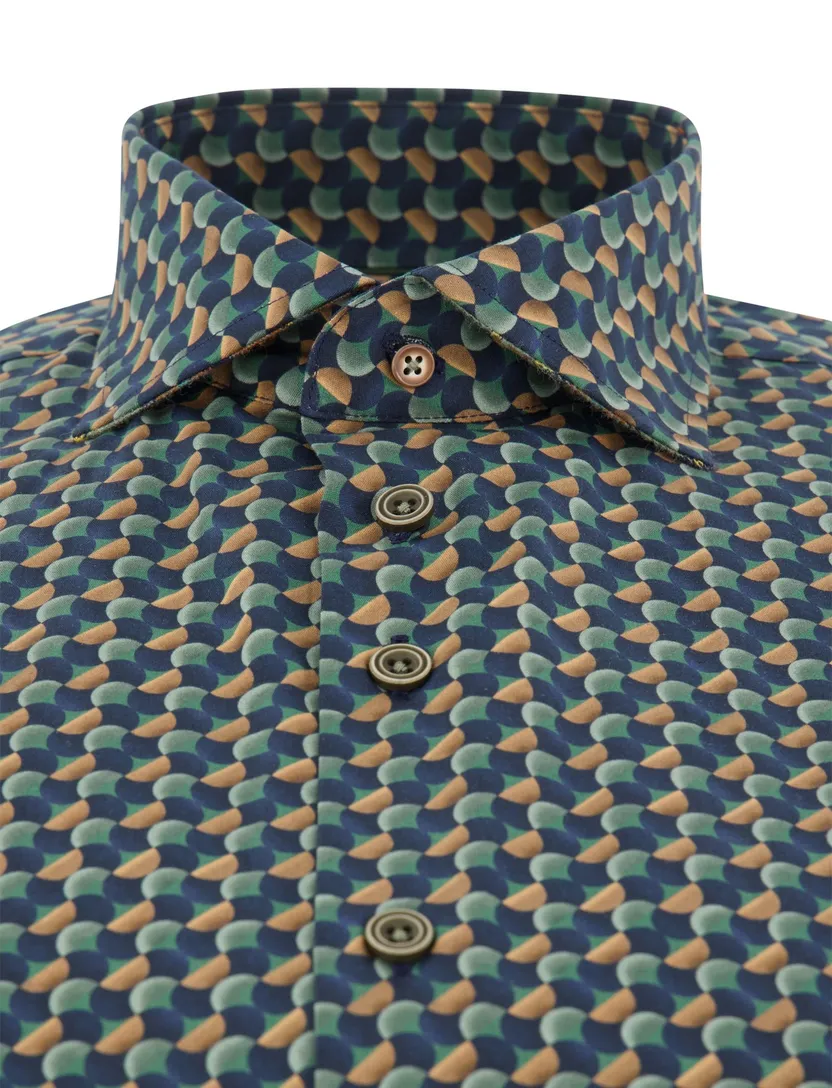 R2 overhemd print katoen donkerblauw mouwlengte 7 semi-wide spread