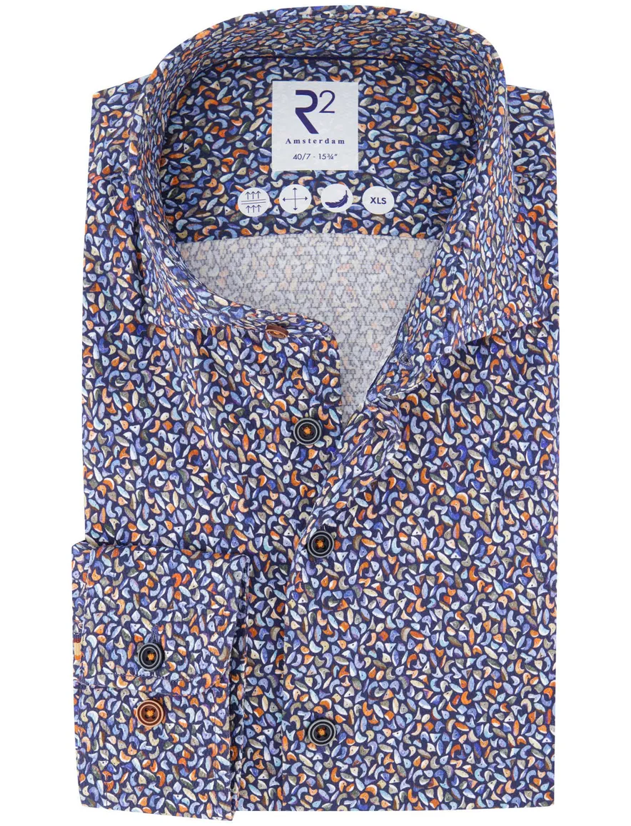 R2 overhemd print katoen blauw semi-wide spread