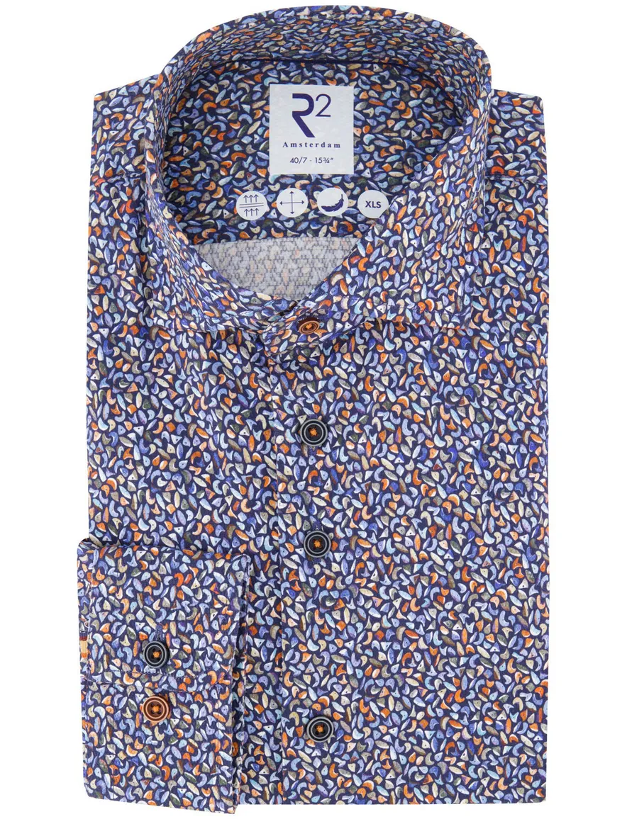 R2 overhemd print katoen blauw semi-wide spread