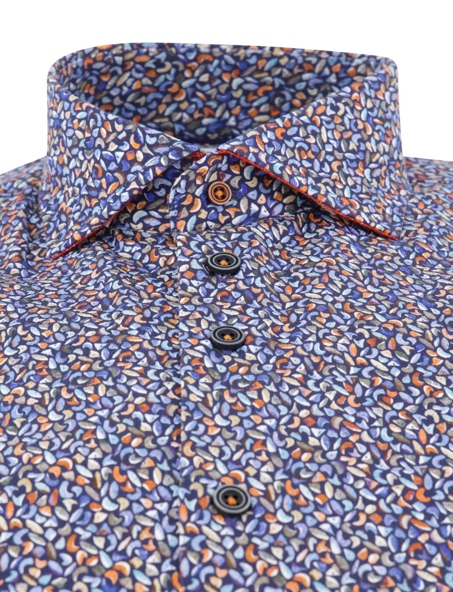 R2 overhemd print katoen blauw semi-wide spread