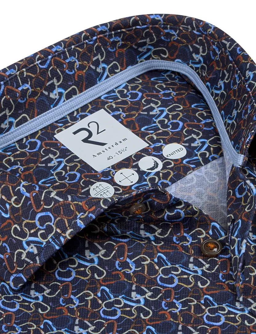 R2 knitted overhemd navy patroon
