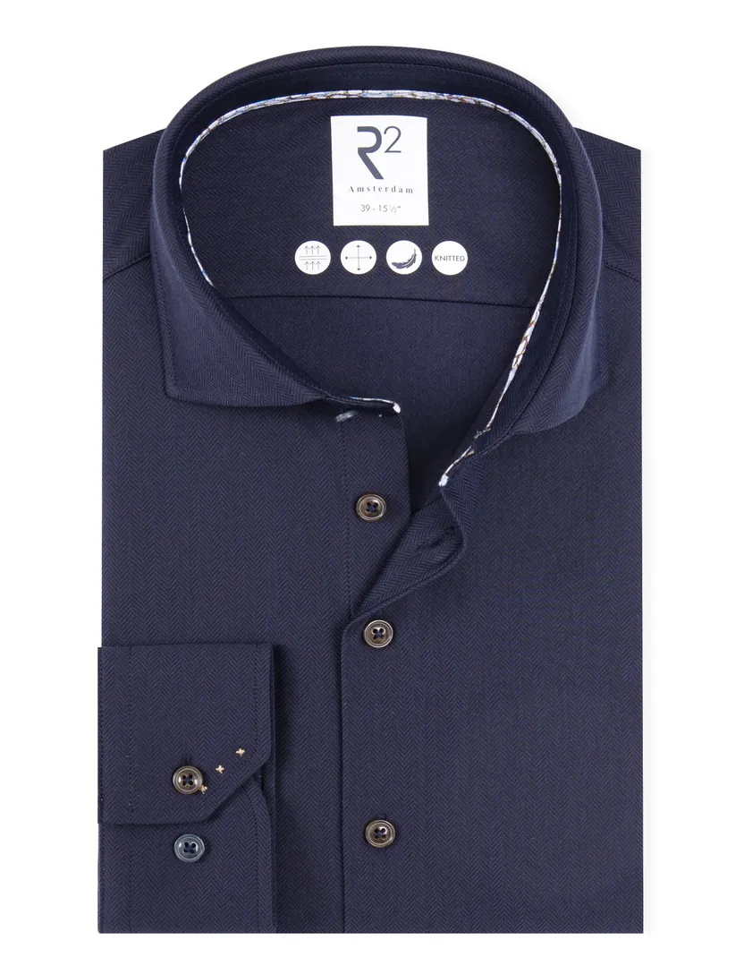 R2 knitted overhemd navy effen